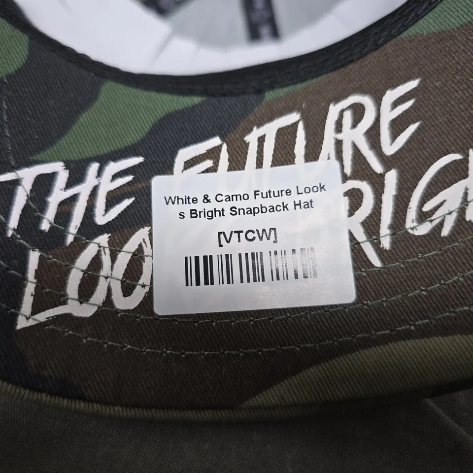 VALUE ENTERTAINMENT CAMO SNAPBACK HAT WITH 'THE FUTURE LOOKS BRIGHT' SLOGAN