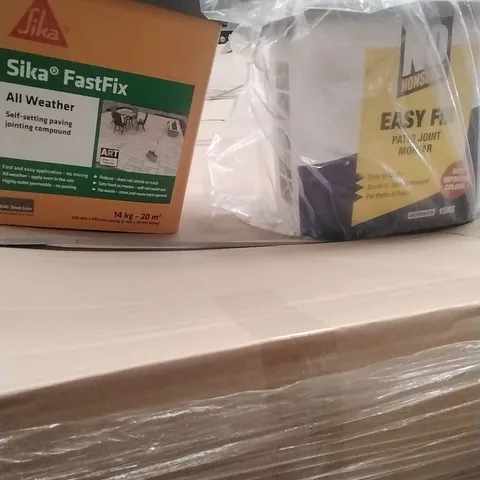 PALLET OF ASSORTED DIY, HOME IMPROVEMENT AND BUILDING PRODUCTS TO INCLUDE; ALL WEATHER JOINTING COMPOUND, PATIO JOINT MORTAR, MORTAR REPAIR CEMENT ETC