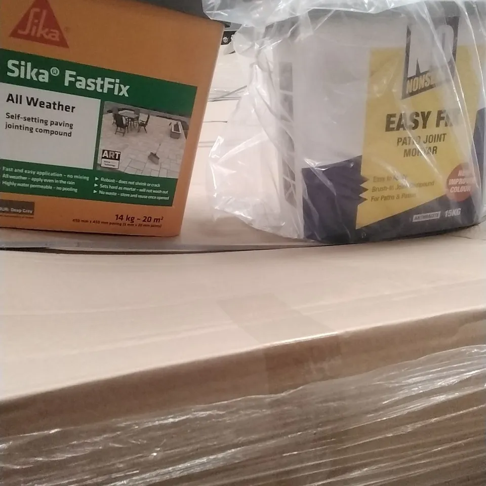 PALLET OF ASSORTED DIY, HOME IMPROVEMENT AND BUILDING PRODUCTS TO INCLUDE; ALL WEATHER JOINTING COMPOUND, PATIO JOINT MORTAR, MORTAR REPAIR CEMENT ETC