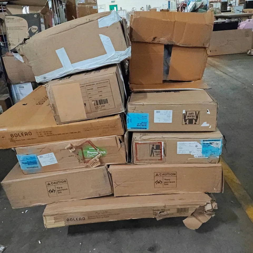 PALLET OF ASSORTED PRODUCTS TO INCLUDE;BLACK STEEL CHAIRS,SHELVING UNIT,STEEL TABLE,EGG CHAIR