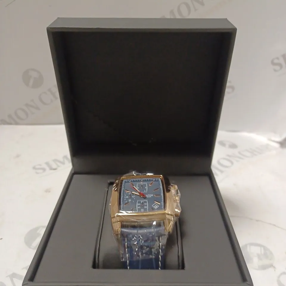 MENS LATOR CALIBRE L400 CHRONOGRAPH WATCH - SUB DIALS & DATE FUNCTION – BLUE DIAL & LEATHER STRAP