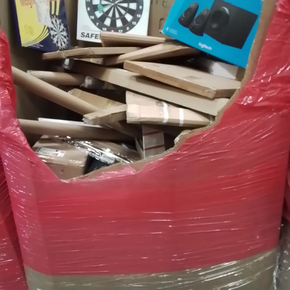 PALLET CONTAINING VARIOUS ASSORTED BOXED HOUSEHOLD ITEMS TO INCLUDE: LOGITECH SOUND SYSTEM, DART BOARDS, ALUMINIUM PICTURE FRAME AND LOTS MORE UNMARKED BOXED ITEMS 