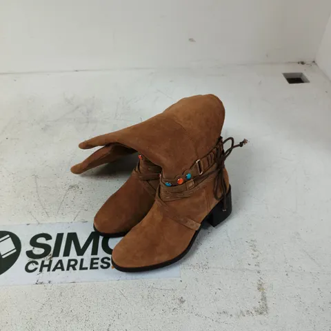 JOE BROWN UK 4 BROWN SUEDE ANKLE BOOTS WITH WRAP STRAP AND TURQUOISE/ORANGE BEAD EMBELLISHMENTS