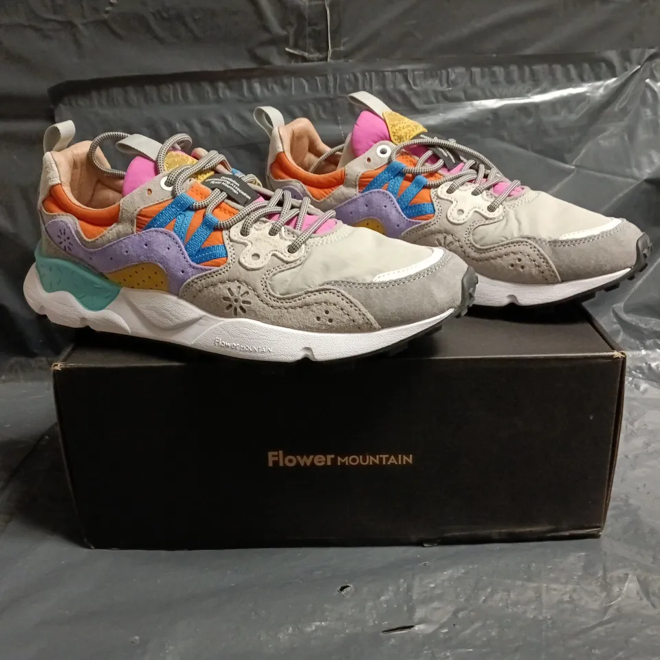 BOXED PAIR OF FLOWER MOUNTAIN TRAINERS IN GREY/MULTI SIZE UK 7.5
