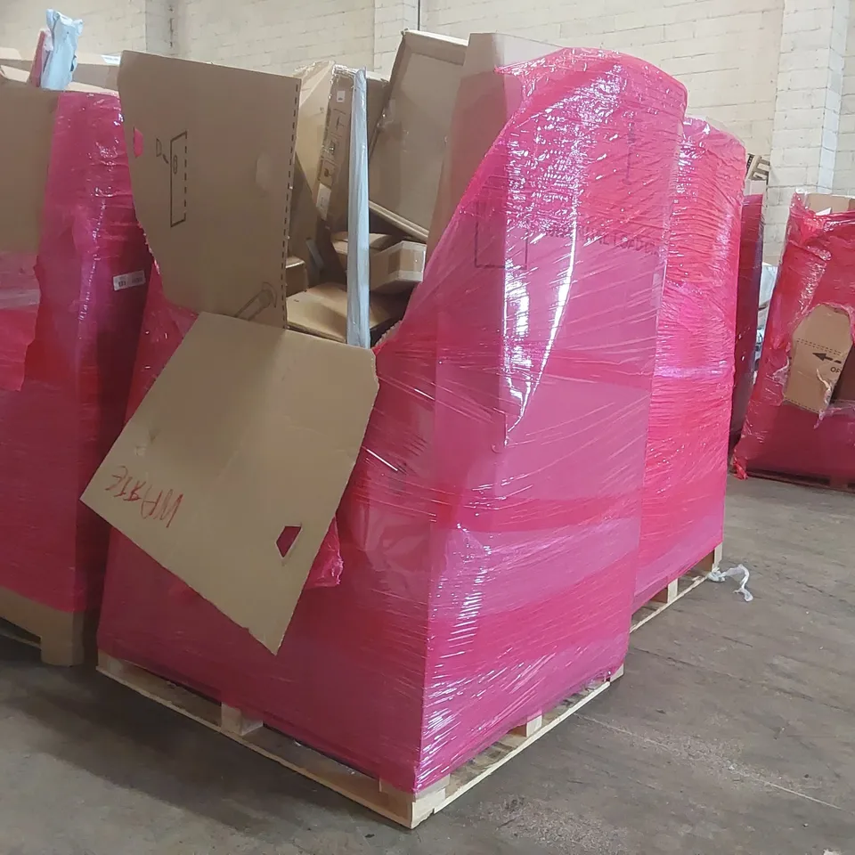 PALLET OF ASSORTED ITEMS INCLUDING: 27 INCH LED MONITOR, MINI RICE COOKER, HOT WIRE CUTTER, FAN LIGHT, METAL WIRE SHELVING UNIT, RUG ECT