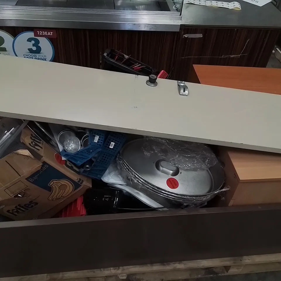 PALLET CONTAINING VARIOUS ASSORTED CATERING AND HAIR STYLING EQUIPMENT IN A LARGE METAL COMMERCIAL CABINET 