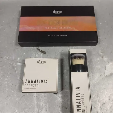 BPERFECT LOT OF 3 ASSORTED COSMETIC PRODUCTS TO INCLUDE - GOLDEN HOUR FACE & EYE PALETTE - ANNALIVA MINI EMPRESS BASE BRUSH - ANNALIVA CREAM BRONZER