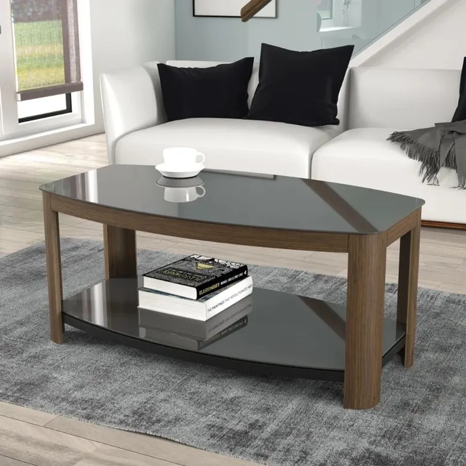 BOXED 1M WALNUT & BLACK GLASS COFFEE TABLE (1 BOX)