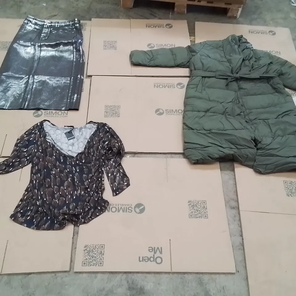 PALLET OF BRAND NEW WOMENS QUALITY DESIGNER CLOTHES APPROXIMATELY 170 TO INCLUDE;JD WILLIAMS PADDED COAT,JD WILLIAMS TOP,JD WILLIAMS METALLIC SKIRT