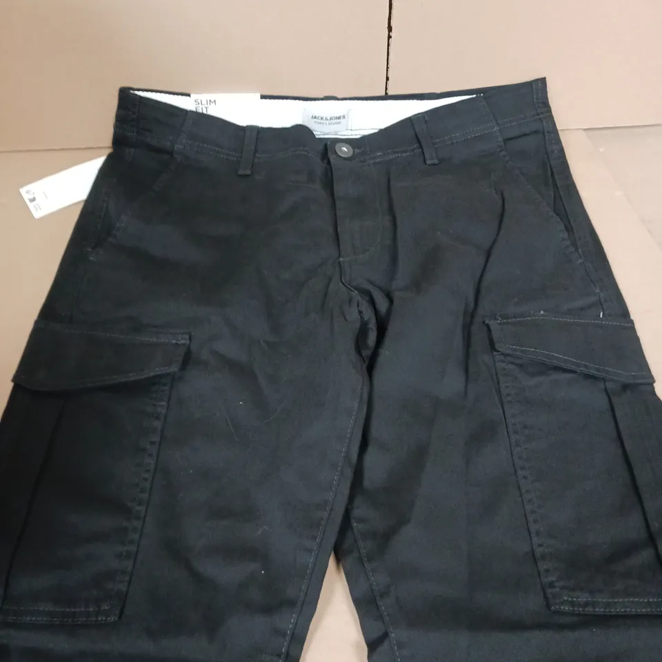 JACK & JONES MARCO JOE SLIM FIT CARGO TROUSERS - BLACK - SIZE W34 L32