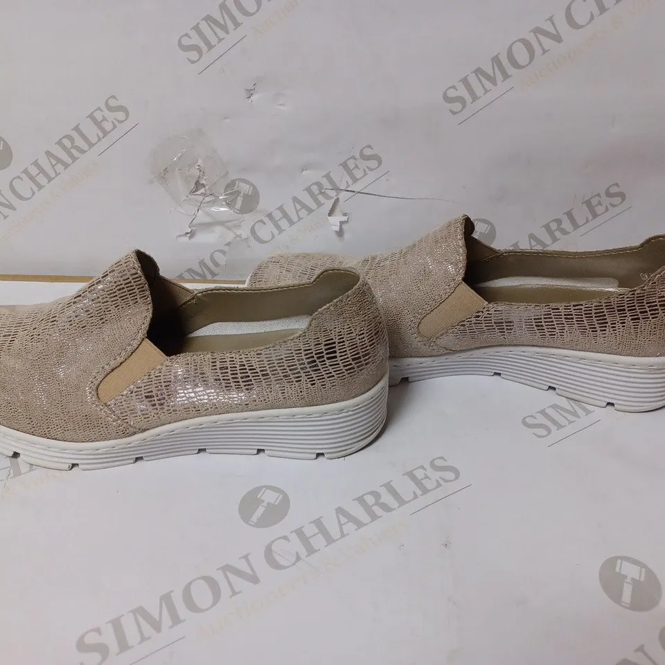 BOXED PAIR OF RIEKER SLIP-ON WEDGE TRAINERS IN ROSE GOLD, UK 6
