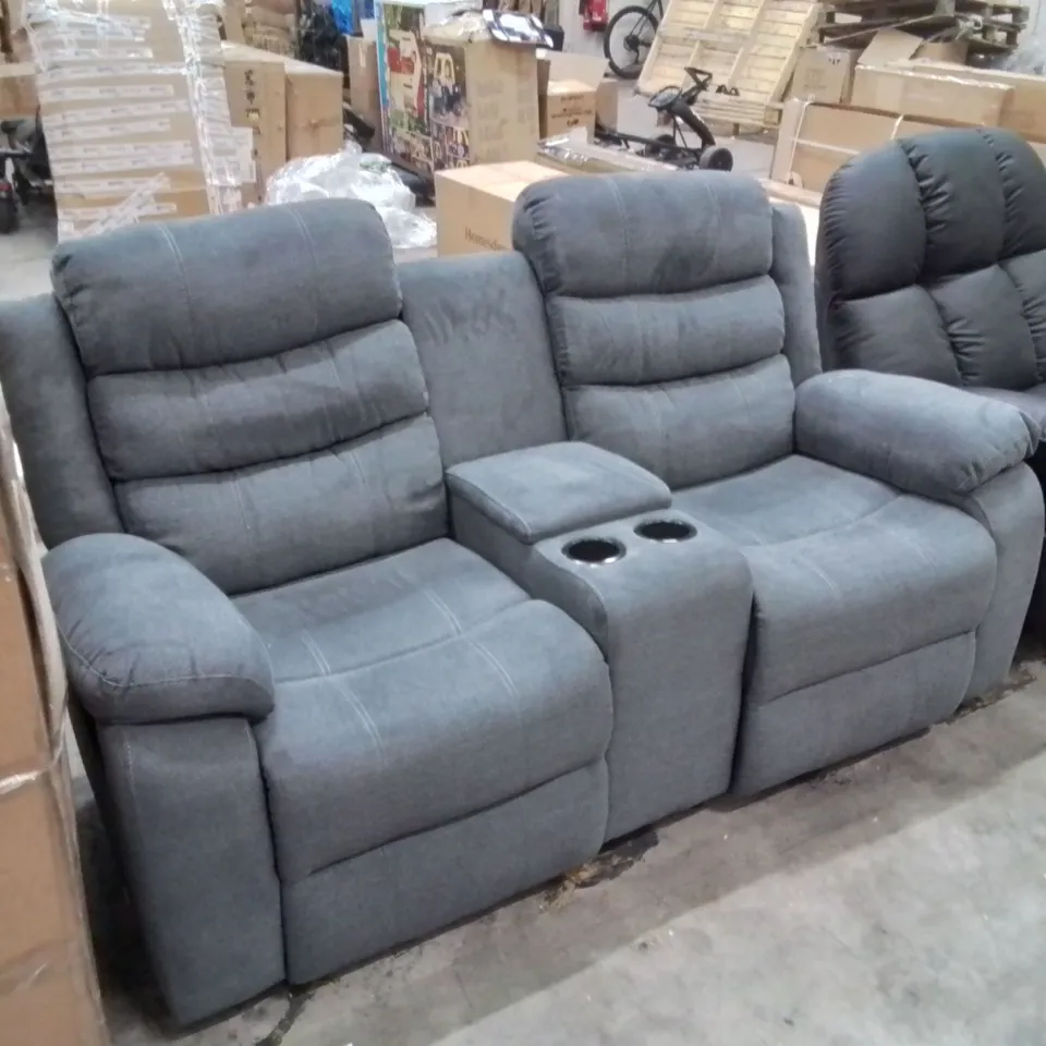 DESIGNER 2 SEATER FABRIC MANUAL RECLINER SOFA WITH CENTRE DRINKS CONSOLE 