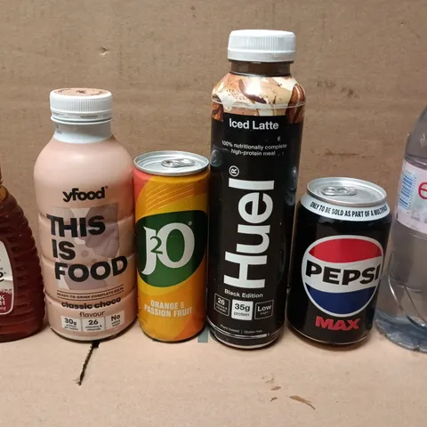 APPROXIMATELY 12 ASSORTED FOOD AND DRINKS ITEMS TO INCLUDE - PEPSI MAX , HUEL AND J20