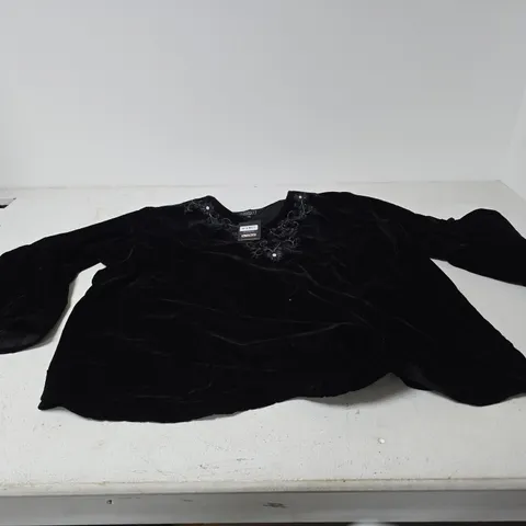 BOX OF APPROXIMATELY 20 X TAMSY VELVET TOP – ONE SIZE – BLACK WITH EMBROIDERED NECKLINE