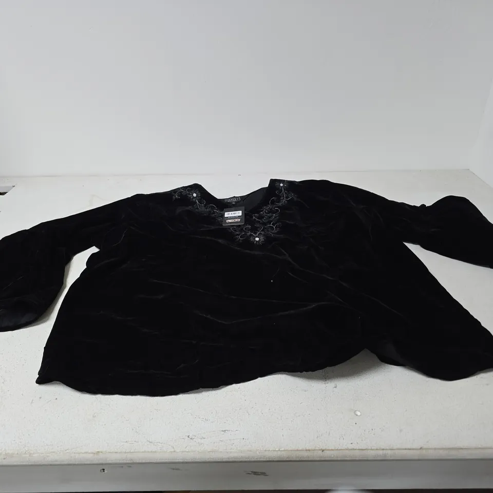 BOX OF APPROXIMATELY 20 X TAMSY VELVET TOP – ONE SIZE – BLACK WITH EMBROIDERED NECKLINE