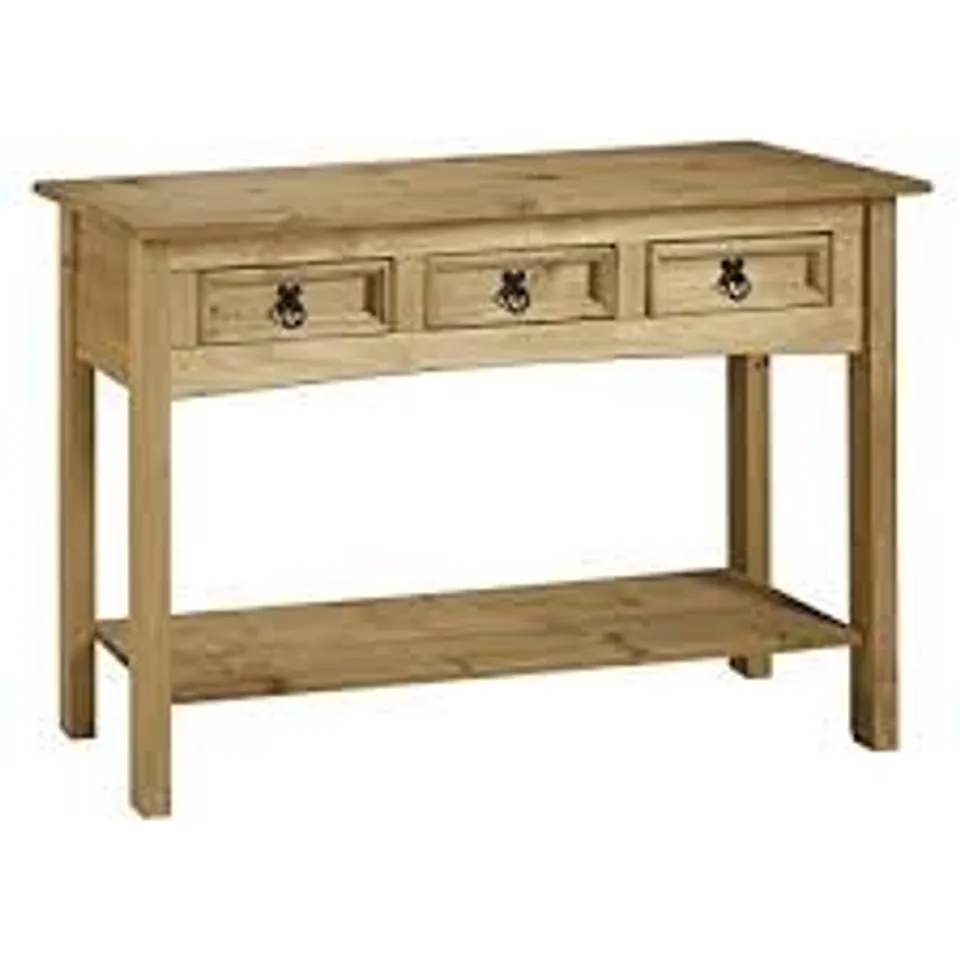 BOXED CORONA 3 DRAWER CONSOLE TABLE WITH SHELF - DISTRESSED WAXED PINE (1 BOX)