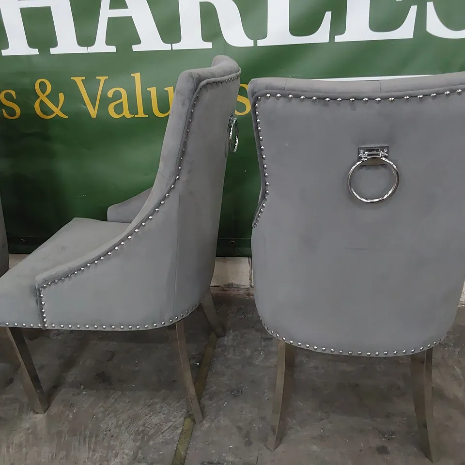 SET OF FOUR UPHOLSTERED BUTTONED RING BACK DINING CHAIRS STUDDED DETAIL ON SILVER LEGS