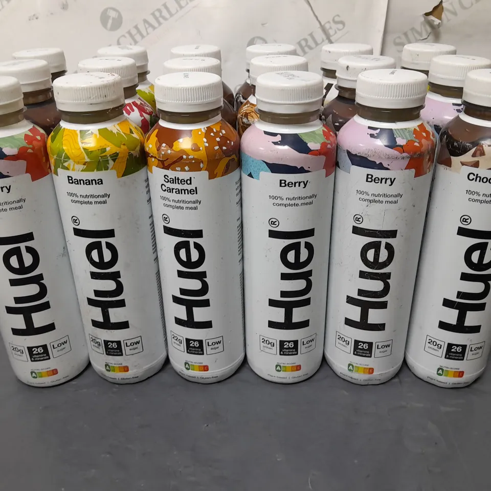 LOT OF 18 ASSORTED 500ML BOTTLES OF HUEL - VARIOUS FLAVOURS