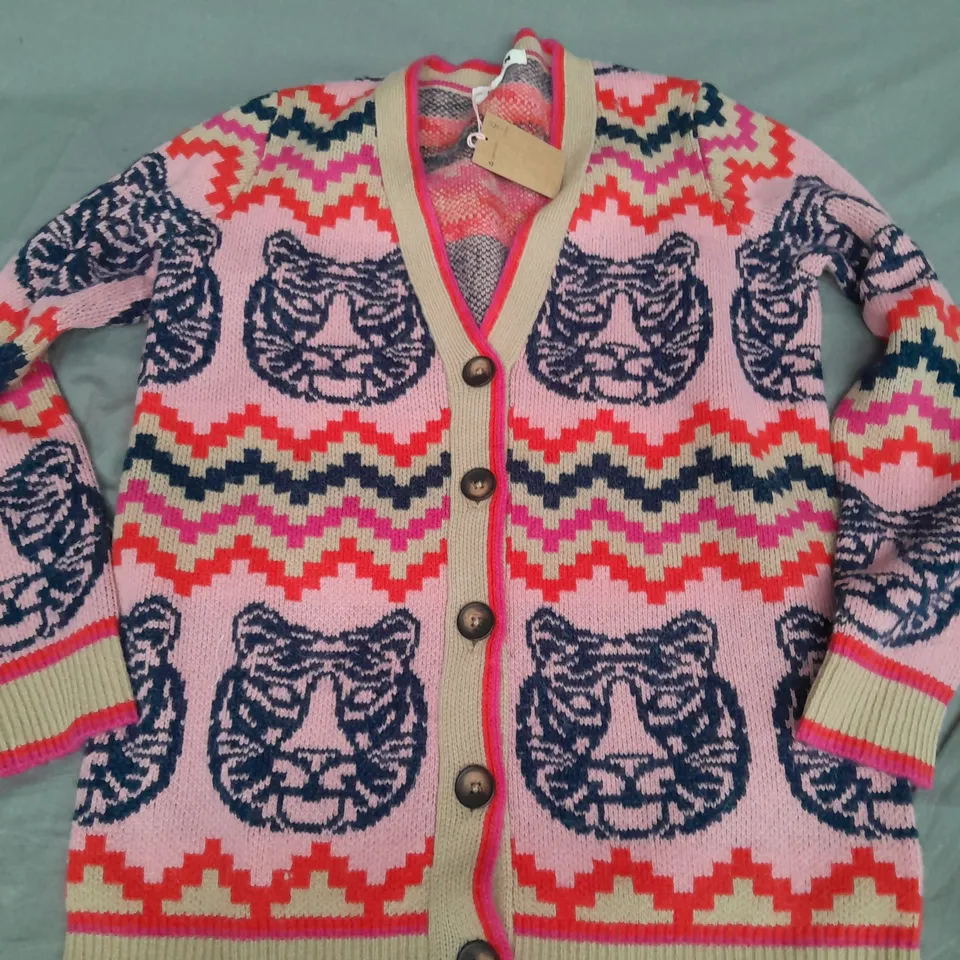 BODEN TIGER FACE BUTTON CARDIGAN IN MULTI - SMALL