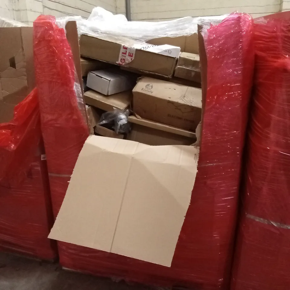 PALLET OF ASSORTED HOUSEHOLD GOODS AND PRODUCTS TO INCLUDE; ELECTRIC FRYER, YOGA MAT, BOXED FURNITURE ETC