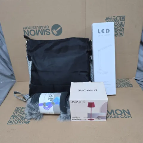 BOX OF APPROXIMATELY 25 ASSORTED HOUSEHOLD ITEMS TO INCLUDE BAG, LED DESK LIGHT, WELLIE SOCKS, PORTABLE LAMP ETC