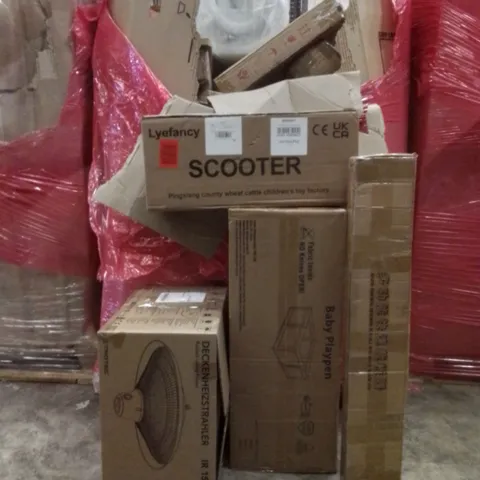 PALLET OF ASSORTED HOUSEHOLD GOODS AND FURNITURE TO INCLUDE; RADIENT CEILING HEATER, BABY PLAYPEN, LYEFANCY SCOOTER ETC