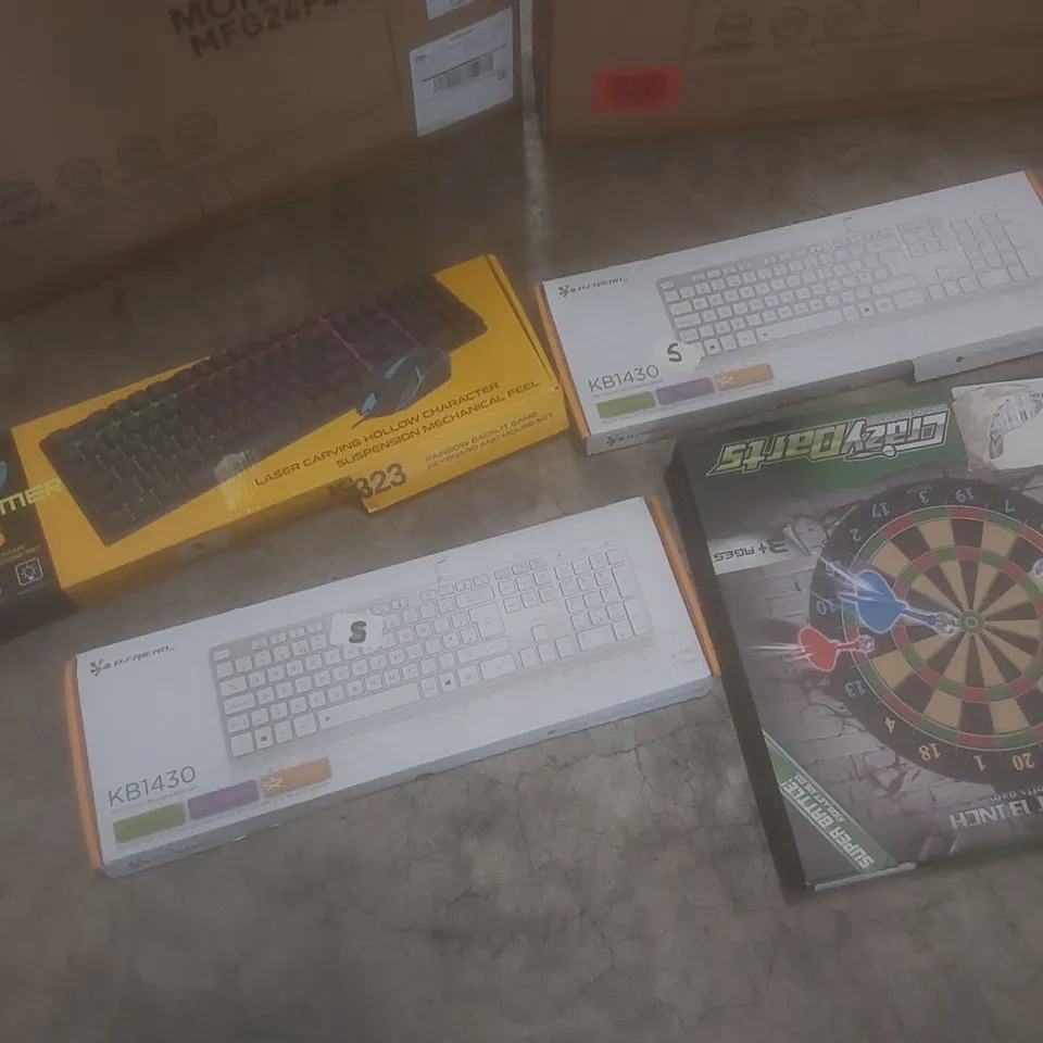 PALLET OF ASSORTED HOUSEHOLD GOODS AND PRODUCTS TO INCLUDE; COMPUTER MONITORS, MOUSE AND KEYBOARD SETS, TOY DARTS, BOXED FURNITURE, RETRACTABLE BABY GATES ETC