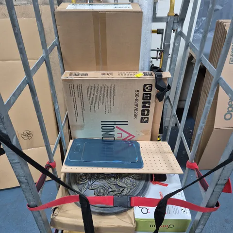 CAGE OF APPROXIMATELY 8 ASSORTED HOUSEHOLD ITEMS TO INCLUDE - CHOPPING BOARDS - BUCKET MOP - REPLACEMENT VACUUM CLEANER FILTER KIT - ETC - COLLECTION ONLY
