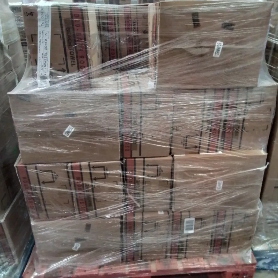 PALLET CONTAINING APPROXIMATELY 38 6-PACK BOXES OF BRAND NEW SUMMER THEMED BEACH TOWELS 