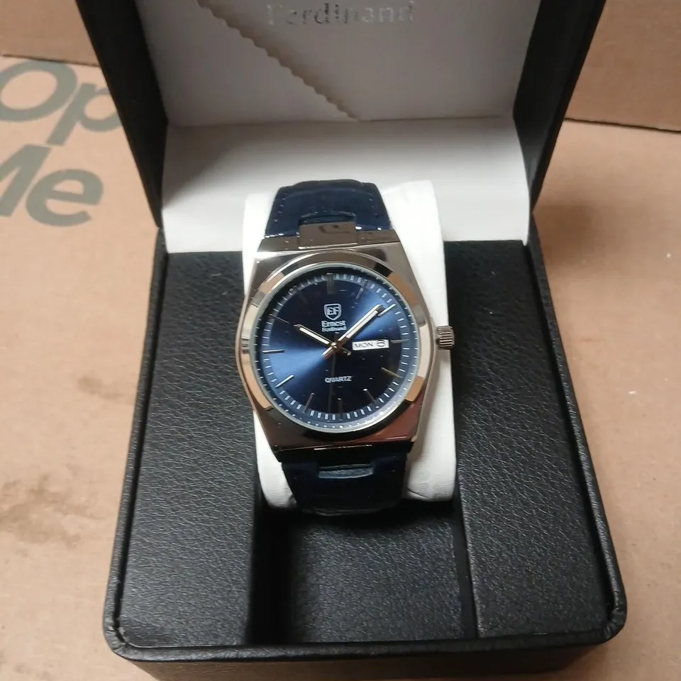 ERNEST FERDINAND WRISTWATCH – BLUE DIAL, STAINLESS STEEL CASE, BLUE LEATHER STRAP