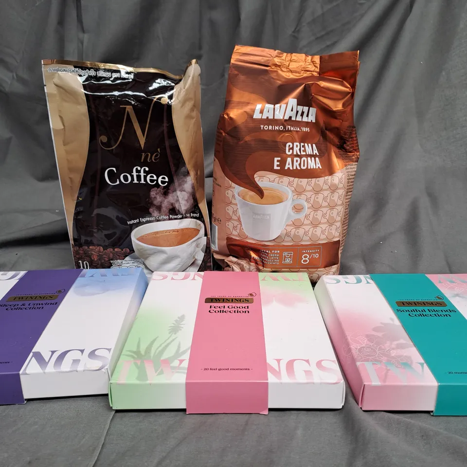 BOX OF APPROXIMATELY 15 ITEMS TO INCLUDE TWINNINGS COLLECTION, NE COFFEE, LAVAZZA COFFEE ETC