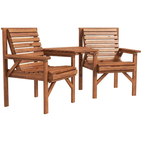 BOXED OUTSUNNY WOODEN GARDEN LOVE SEAT W/ COFFEE TABLE UMBRELLA HOLE, TAN BROWN