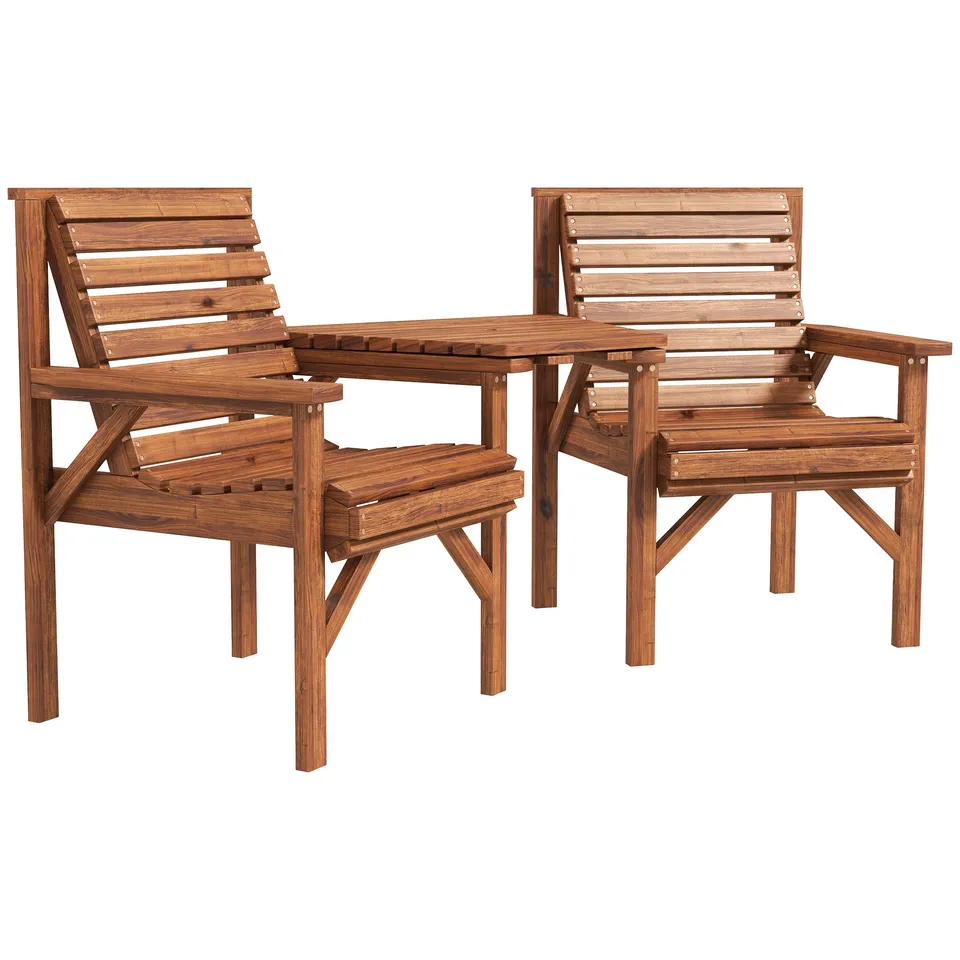 BOXED OUTSUNNY WOODEN GARDEN LOVE SEAT W/ COFFEE TABLE UMBRELLA HOLE, TAN BROWN