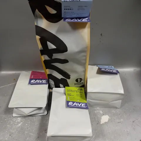 4 X SEALED ASSORTED RAVE COFFEE PRODUCTS TO INCLUDE COLOMBIA POPAYAN, KOILEKI NATURAL, COLOBIA EL CARMEN ETC
