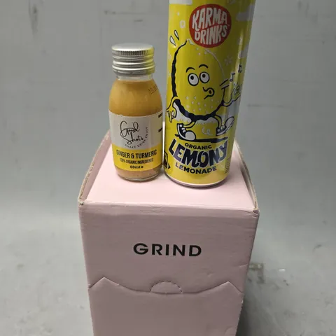 APPROXIMATELY 6 ASSORTED DRINKS ITEMS TO INCLUDE - KARMA DRINKS LEMONY LEMONADE , GOOD SHOTS GINGER & TURMERIC , GRIND HOUSE BLEND