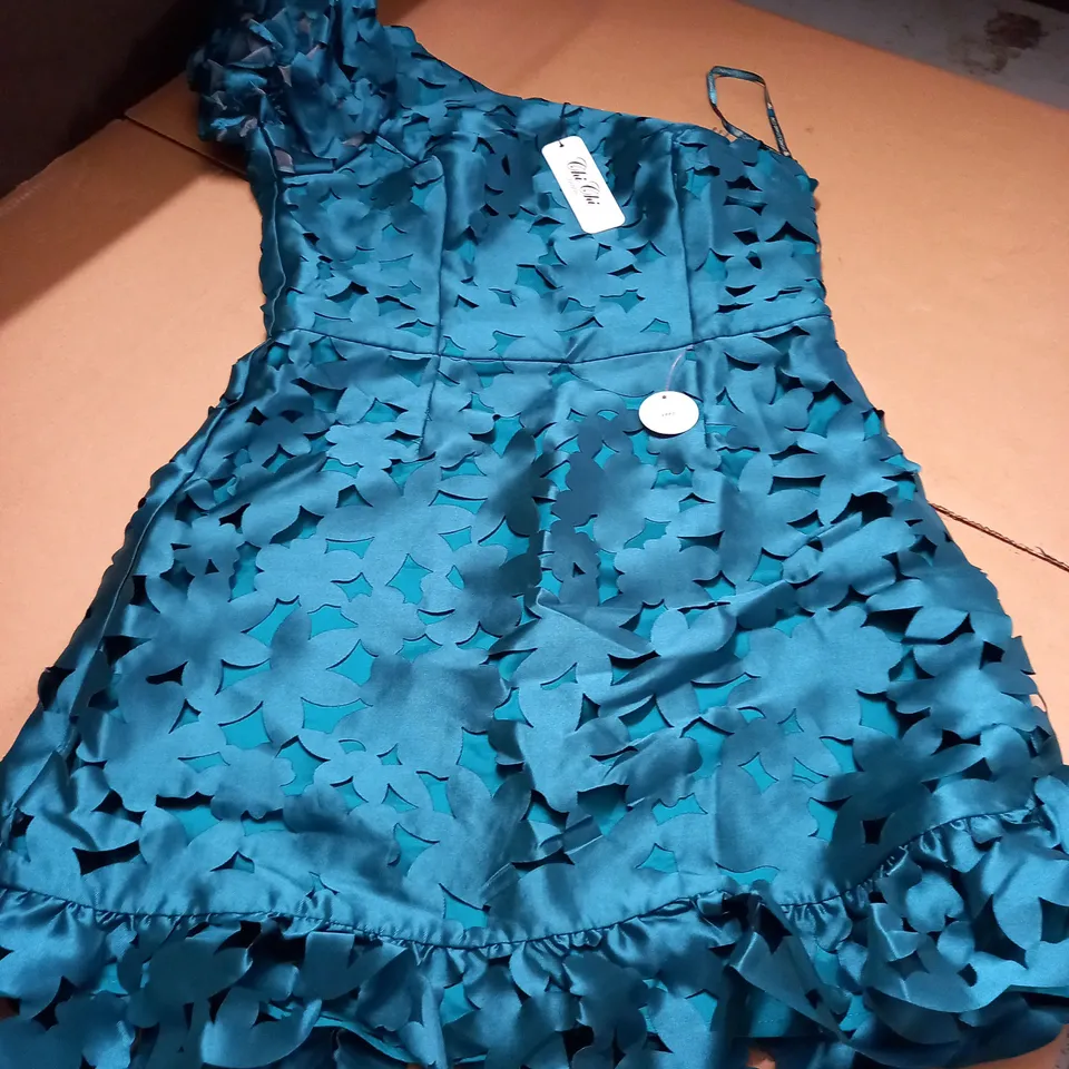 CHI CHI LONDON ONE SHOULDER PUFF SLEEVE FLORAL CUT OUT GREEN MINI DRESS - SIZE 14