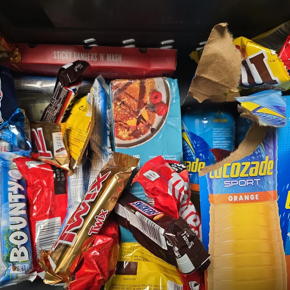 APPROXIMATELY 20 ASSORTED FOOD & DRINK ITEMS TO INCLUDE - PIMP MY BAR  , LUCOZADE ORANGE  , MANGO GREENS ETC