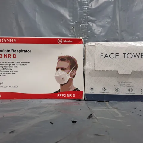 BOX OF APPROXIMATELY 10 ASSORTED HOUSEHOLD ITEMS TO INCLUDE FACE TOWELS, PARTICULATE RESPIRATOR FFP3 NR D, ETC - COLLECTION ONLY