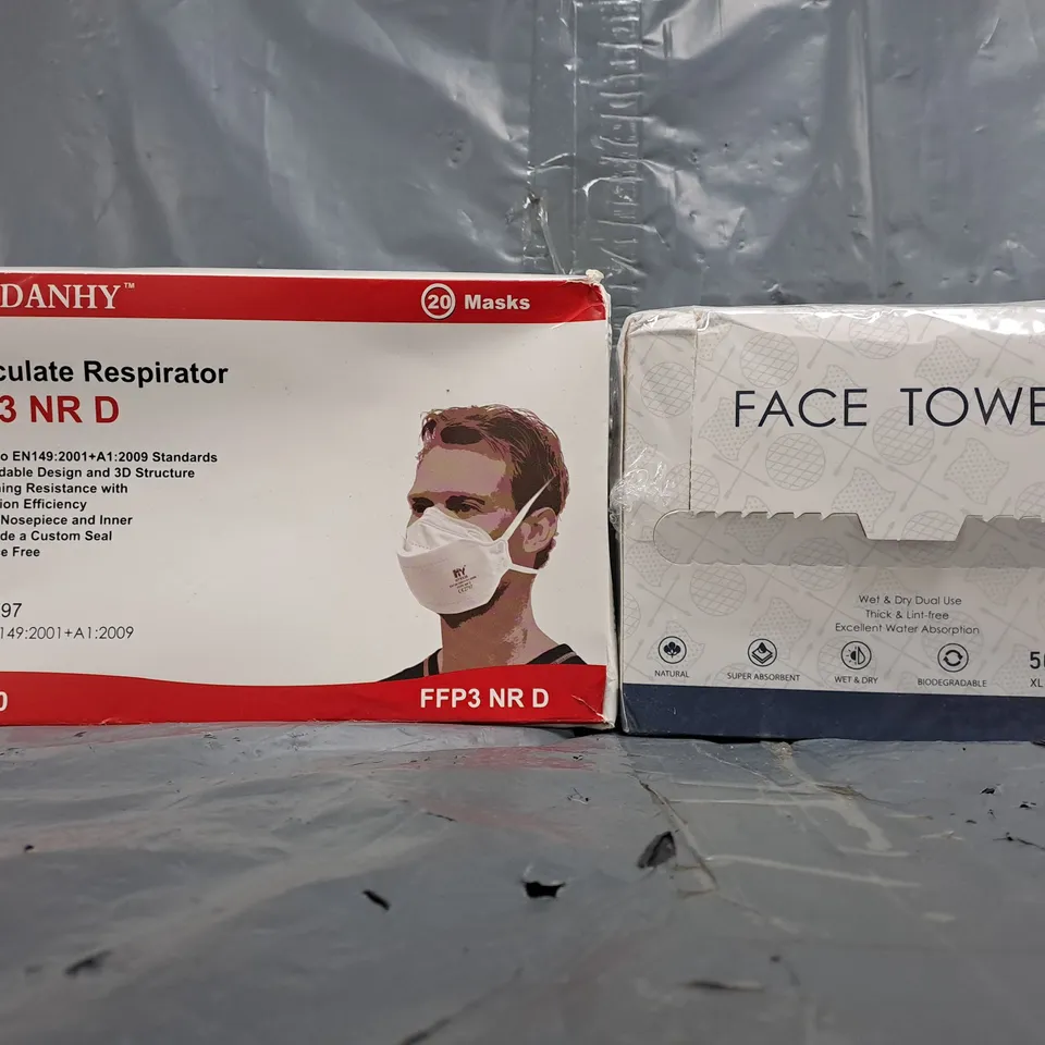 BOX OF APPROXIMATELY 10 ASSORTED HOUSEHOLD ITEMS TO INCLUDE FACE TOWELS, PARTICULATE RESPIRATOR FFP3 NR D, ETC - COLLECTION ONLY