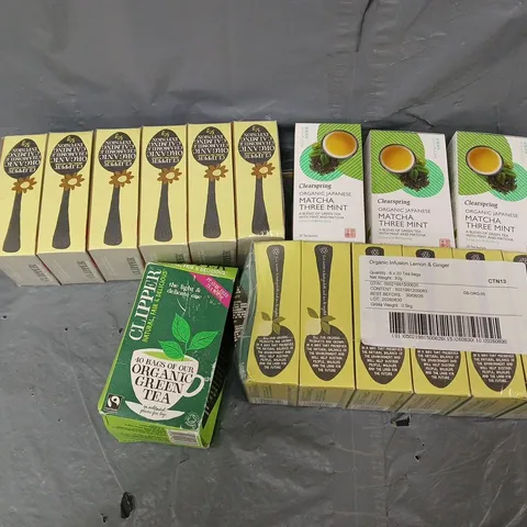 APPROXIMATELY 8 ASSORTED FOOD & DRINK ITEMS TO INCLUDE - MATCHA THREE MINTS, ORGANIC GREEN TEA, AND LEMON & GINGER TEA ETC. 