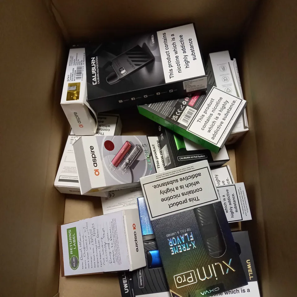 BOX OF APPROXIMATELY 10 ASSORTED E-CIGARATTES TO INCLUDE CALIBURN, OXVA, VAPORESSO ETC