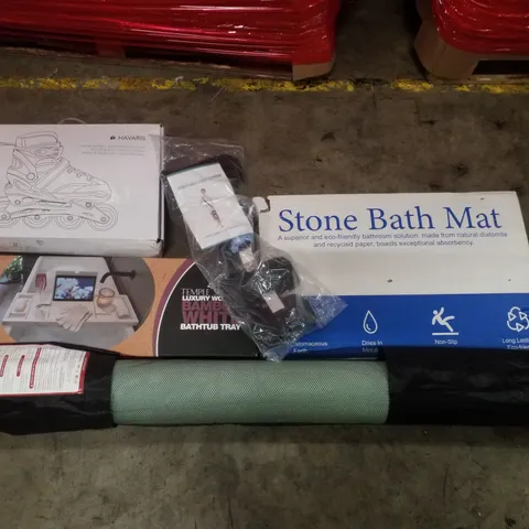 PALLET CONTAINING ASSORTED PRODUCTS INCLUDING YOGA MAT, BATHTUB TRAY, STONE BATH MAT, KNEE JOINT FIXATION BRACE & INLINE SKATES