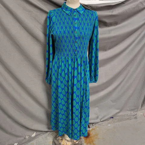 BODEN WOMEN'S BLUE AND GREEN LEAF-PATTERN LONG-SLEEVE MIDI DRESS, UK 12R (US 8R)