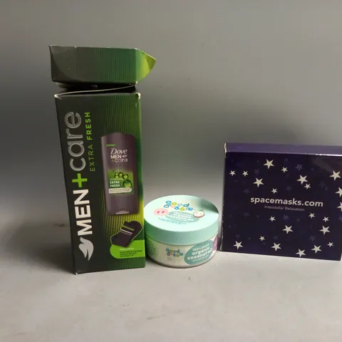 APPROXIMATELY 20 ASSORTED HEALTH AND BEAUTY PRODUCTS TO INLCUDE SPACEMASKS INTERSTELLAR RELAXATION SELF HEATING EYE MASKS, DOVE MEN+CARE EXTRA FRESH BODY FACE & HAIR WASH, GOOD BUBBLE ORGANIC COCONUT 