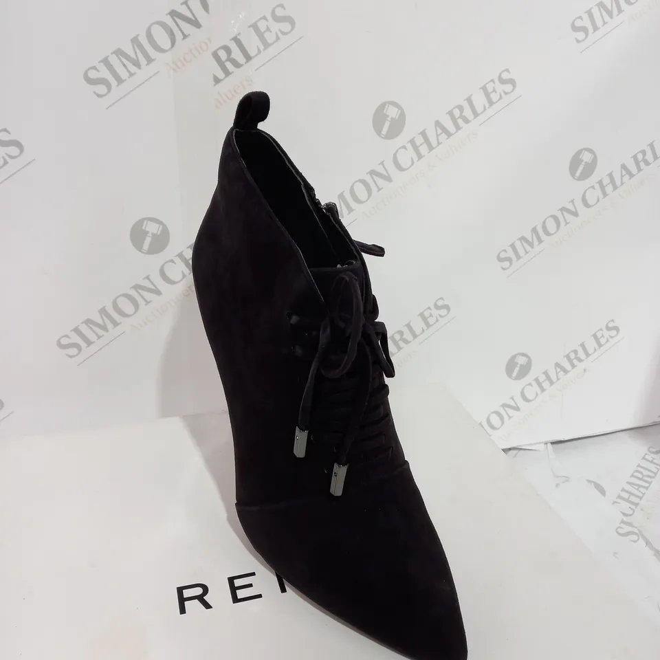 BOXED REISS SUEDE CHOCOLATE BOOT HEELS - SIZE 5