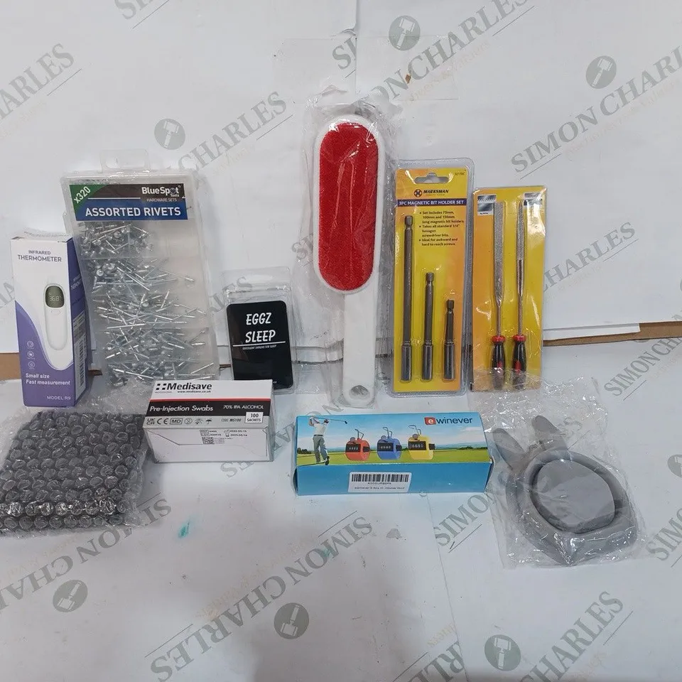 BOX TO CONTAIN APPROXIMATELY 40 ASSORTED HOME IMPROVEMENT, DIY AND HOUSEHOLD PRODUCTS, INCLUDES MUGS, THERMOMETER, RIVETS ETC  