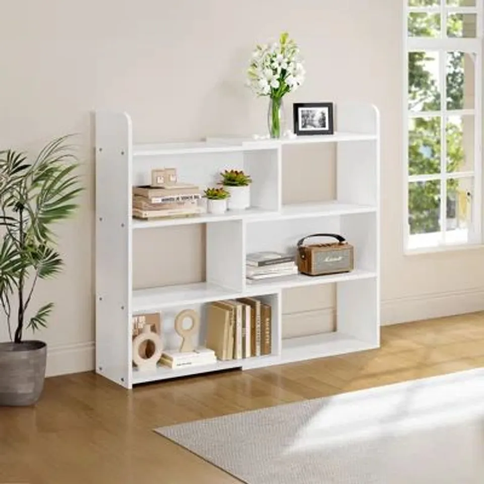 BOXED 17 STORIES ADJUSTABLE 60CM - 110CM W BOOKCASE, 4 TIER BOOKSHELF WITH 6 COMPARTMENTS (1 BOX)