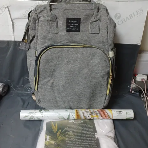 APPROXIMATELY 20 ASSORTED HOUSEHOLD ITEMS TO INCLUDE BEDDING, SELF ADHESIVE WALLPAPER AND A BACKPACK