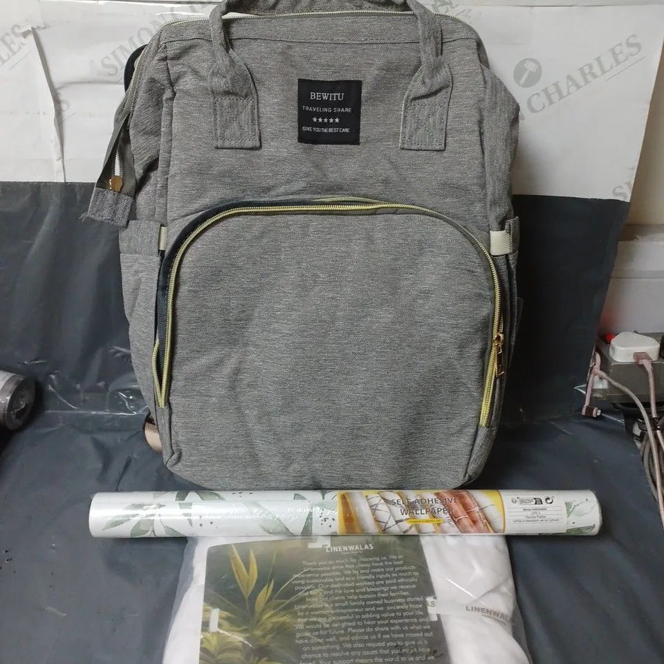 APPROXIMATELY 20 ASSORTED HOUSEHOLD ITEMS TO INCLUDE BEDDING, SELF ADHESIVE WALLPAPER AND A BACKPACK