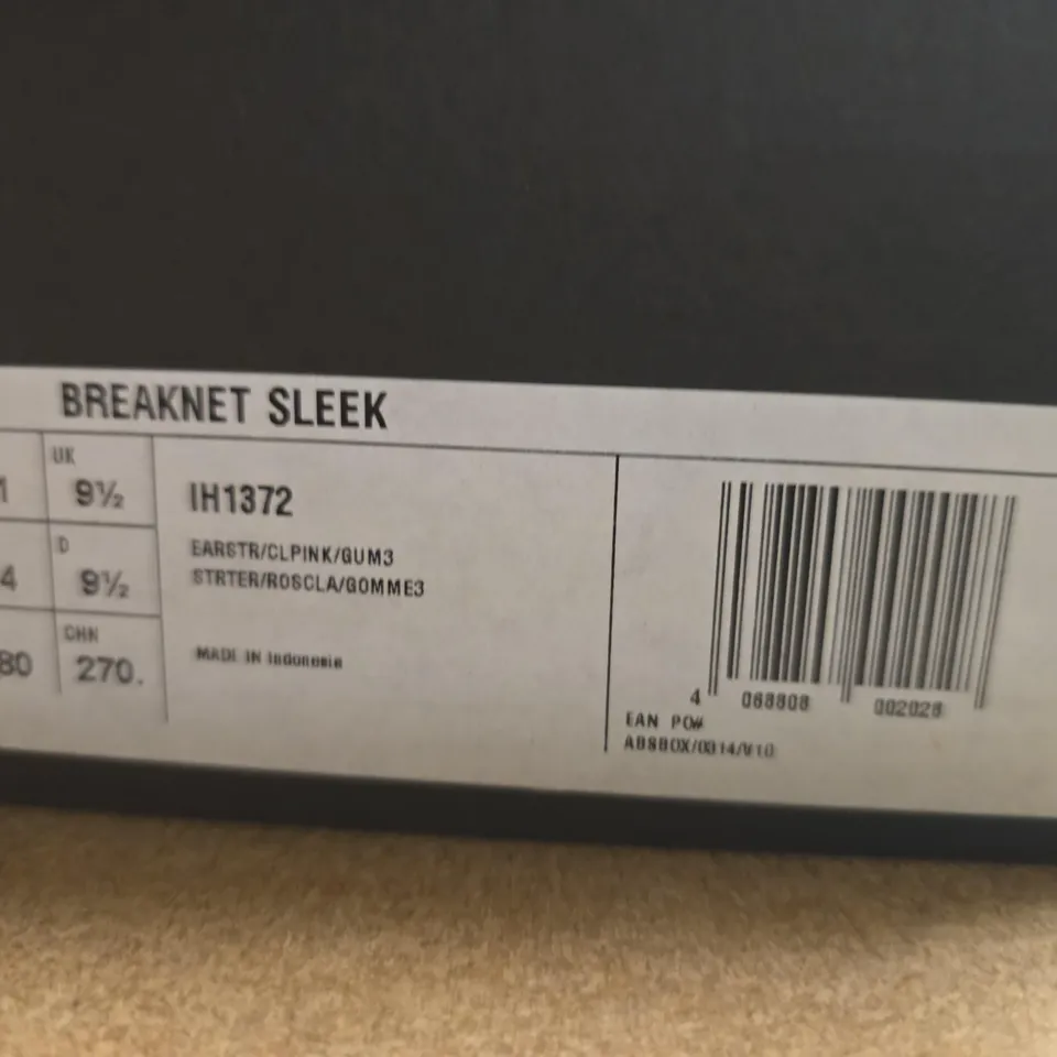 BOXED PAIR OF ADIDAS BREAKNET SLEEK TRAINERS – BROWN SUEDE WITH PINK STRIPES, UK 9.5